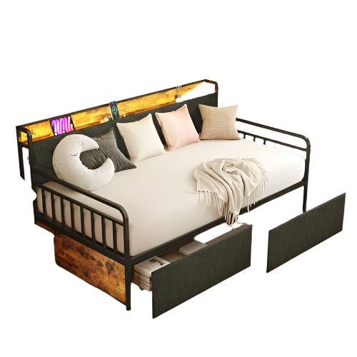 Twin Daybed with 2 Storage Drawers Charging Station LED Lights and Upholstered