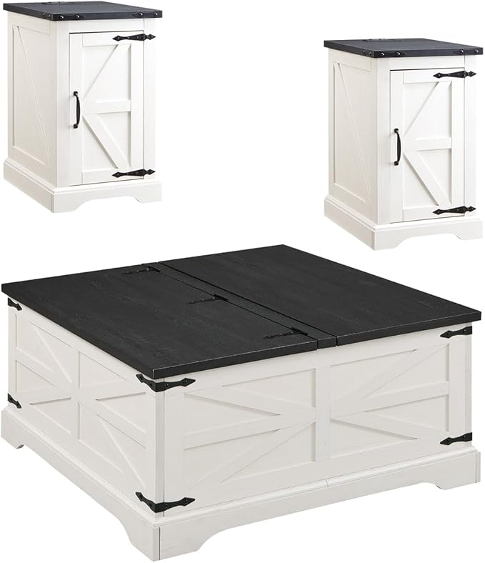 3-Piece Farmhouse Lift-Top Coffee Table Set with End Tables and Hidden Storage