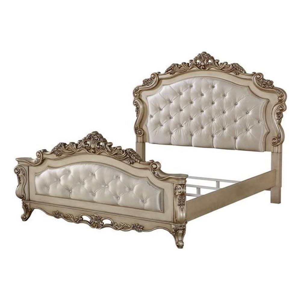 Gorsedd Tufted Eastern King Panel Bed in Cream Fabric and Golden Ivory