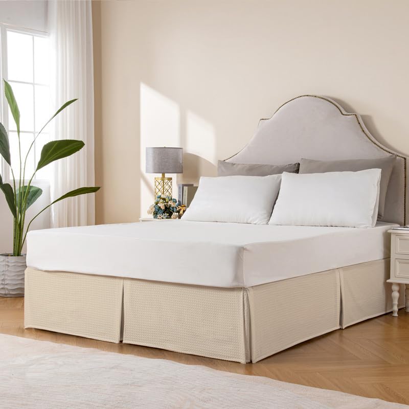 Pleated Waffle Weave Bed Skirt, Tailored Dust Ruffle 14 Inch Drop Easy Fit