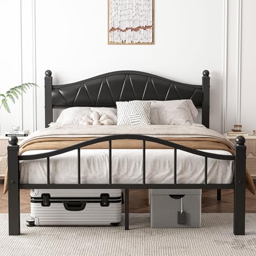 Metal Full Size Bed Frame with Fabric Upholstered Headboard