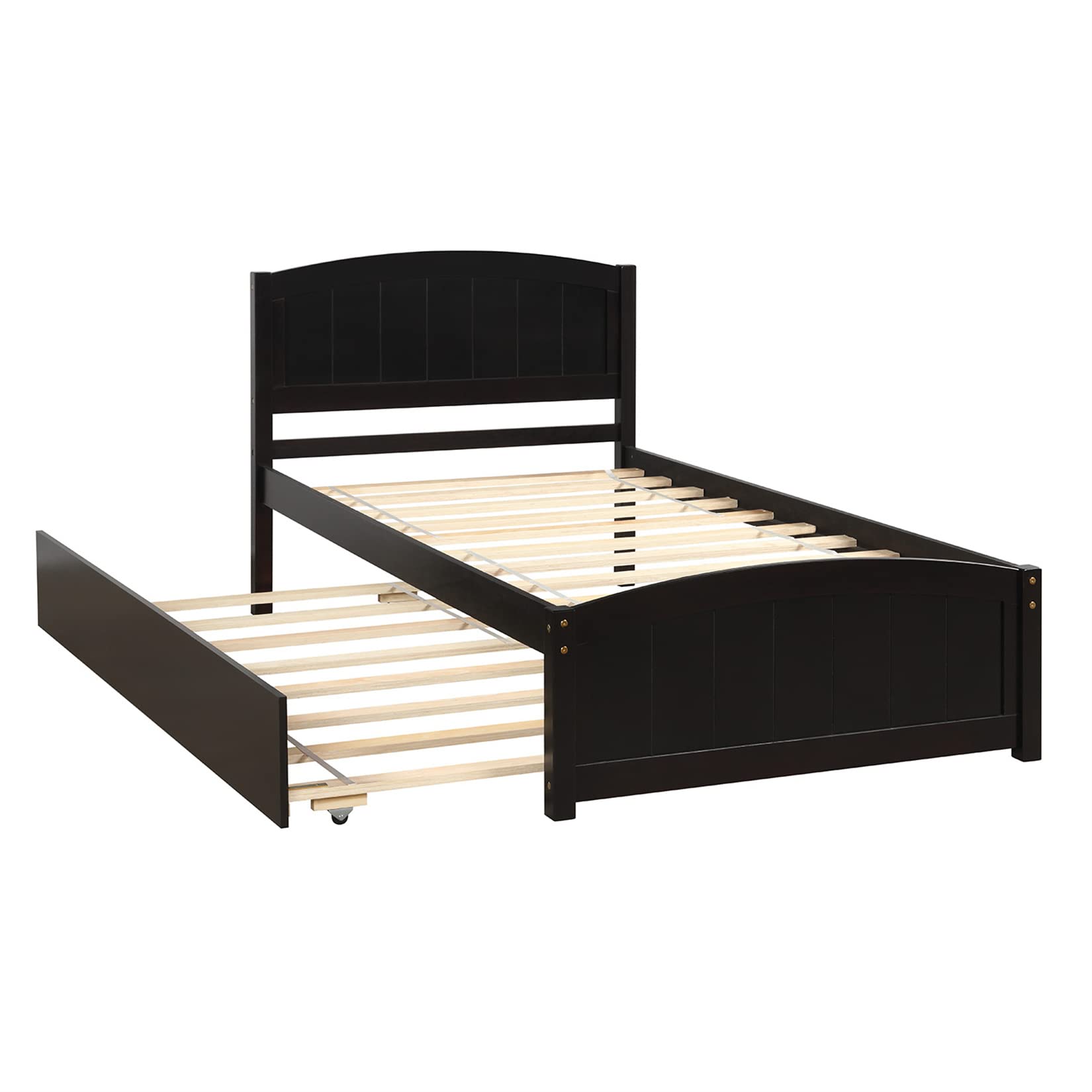 Bed with Trundle, Wood Bed Frame with Headboard and Footboard