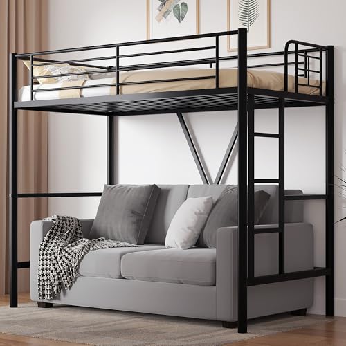 Twin Size Loft Bed with Full-Length Guardrails and Removable Ladder