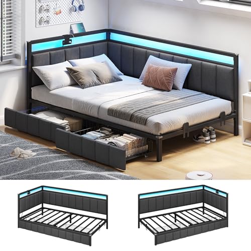 Bed Frame with Storage Drawers, Twin Daybed with Line Fabric Upholstered