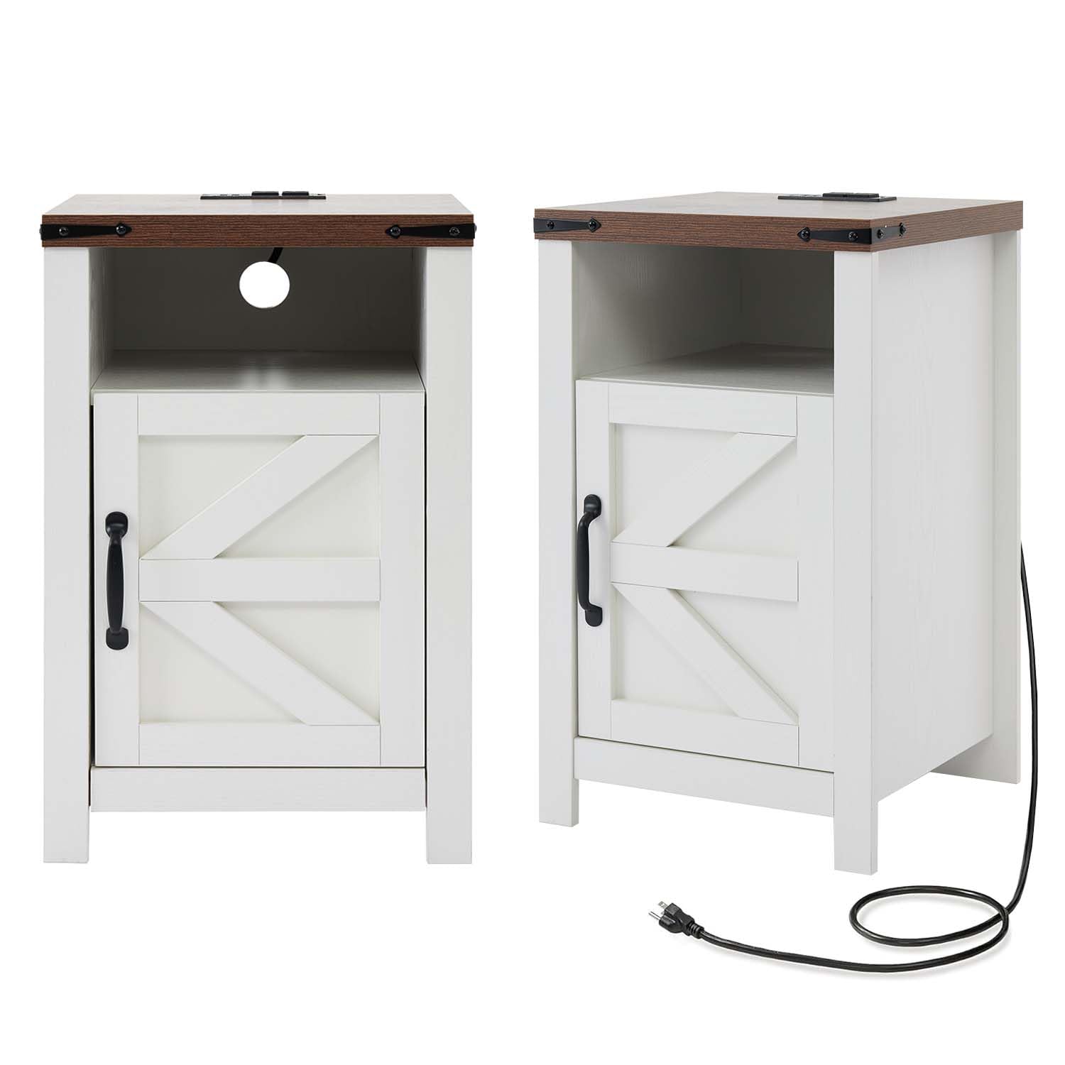 White Farmhouse Nightstand Set of 2, Rustic End Table with Barn Door and Shelf