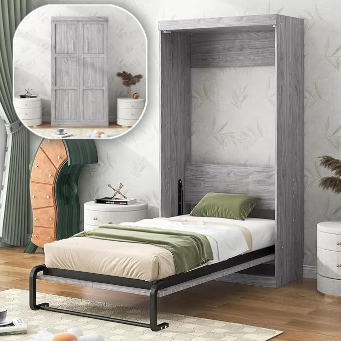 LUMISOL Twin Size Murphy Bed Frame, Wood Foldable Wall Bed, can be Folded into a Cabinet, Gray