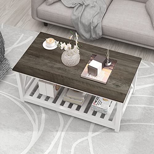 Farmhouse Coffee Table & End Table Set | Slats Shelf, Dark Oak, White Frame