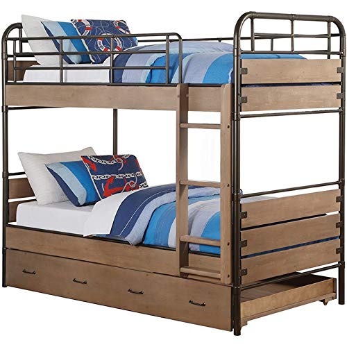 Twin Over Twin Bunk Bed with Trundle in Antique Oak