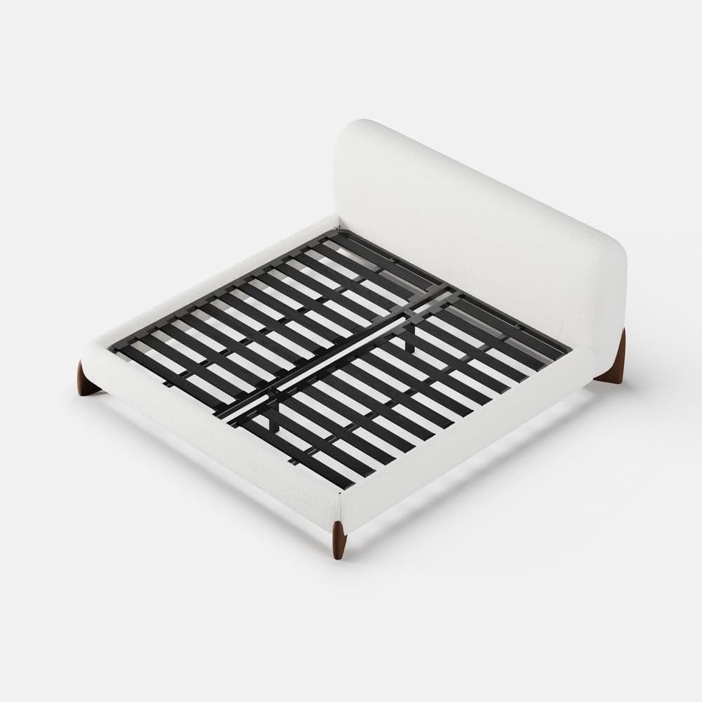 Modern Queen Size Bed Frame, White Bouclé Upholstered Bed Frame