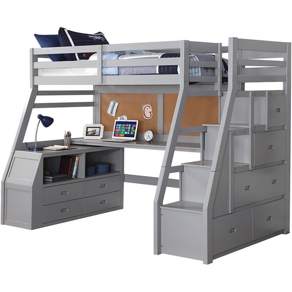 Wooden Twin Storage Loft Bed in Gray