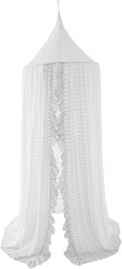 Elegant Kids Bed Canopy - Lace Chiffon Netting with Pom Pom, Princess Girls Fairy Dream