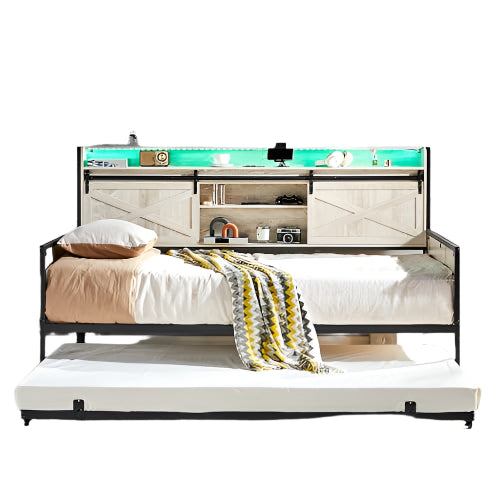Farmhouse Daybed Frame with Sliding Barn Door Headboard and Charging