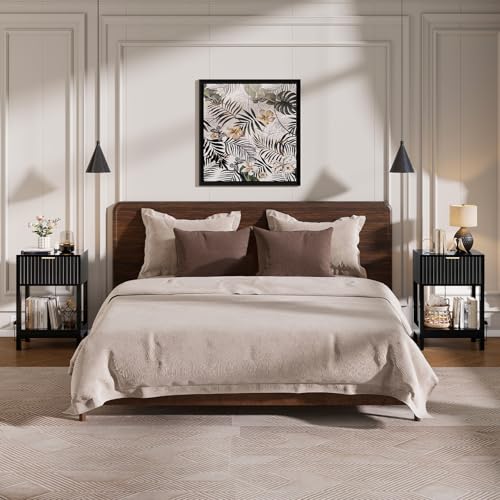 Night Stand Set 2, Fluted Nightstand with Charging Station