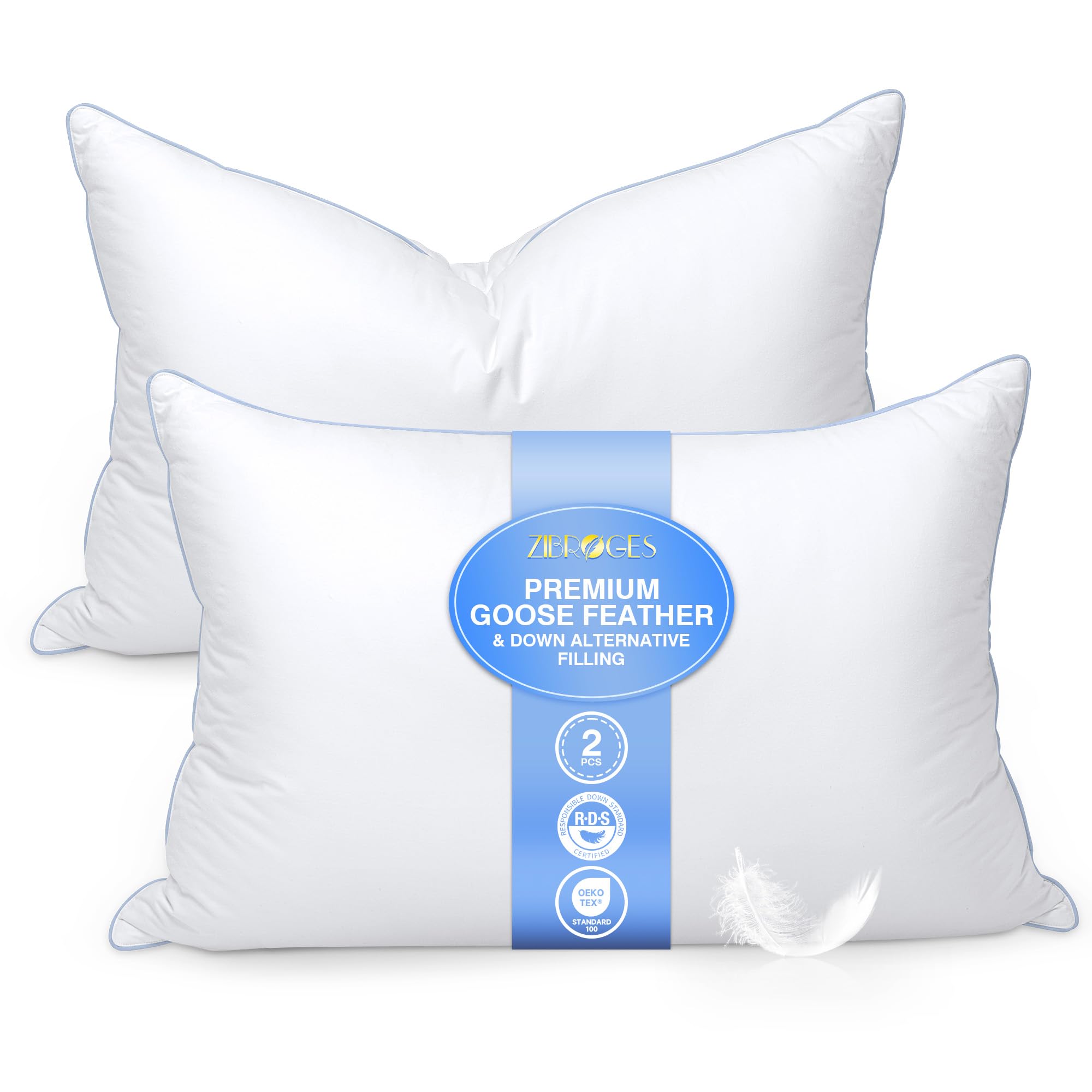 Goose Feather Pillow Queen Size Pack of 2 - Down Hotel Bed Pillows