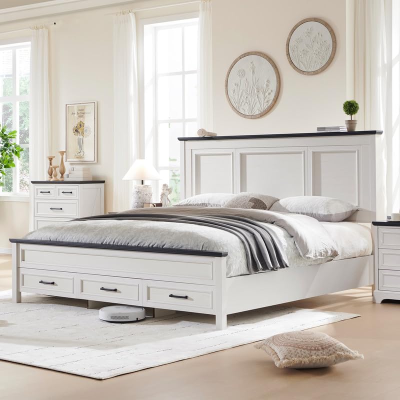 Farmhouse King Size Bed Frame with 52" Tall Full-Panel Headboard, Wood