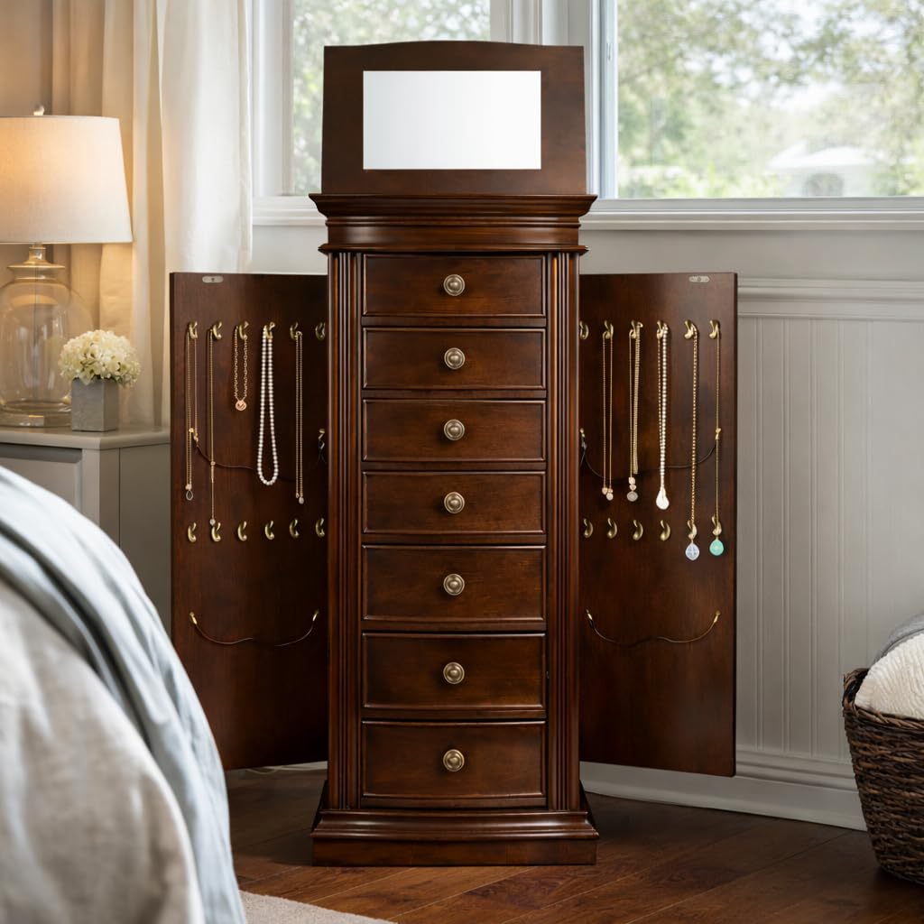 Standing Jewelry Armoire with Mirror & 7 Drawers