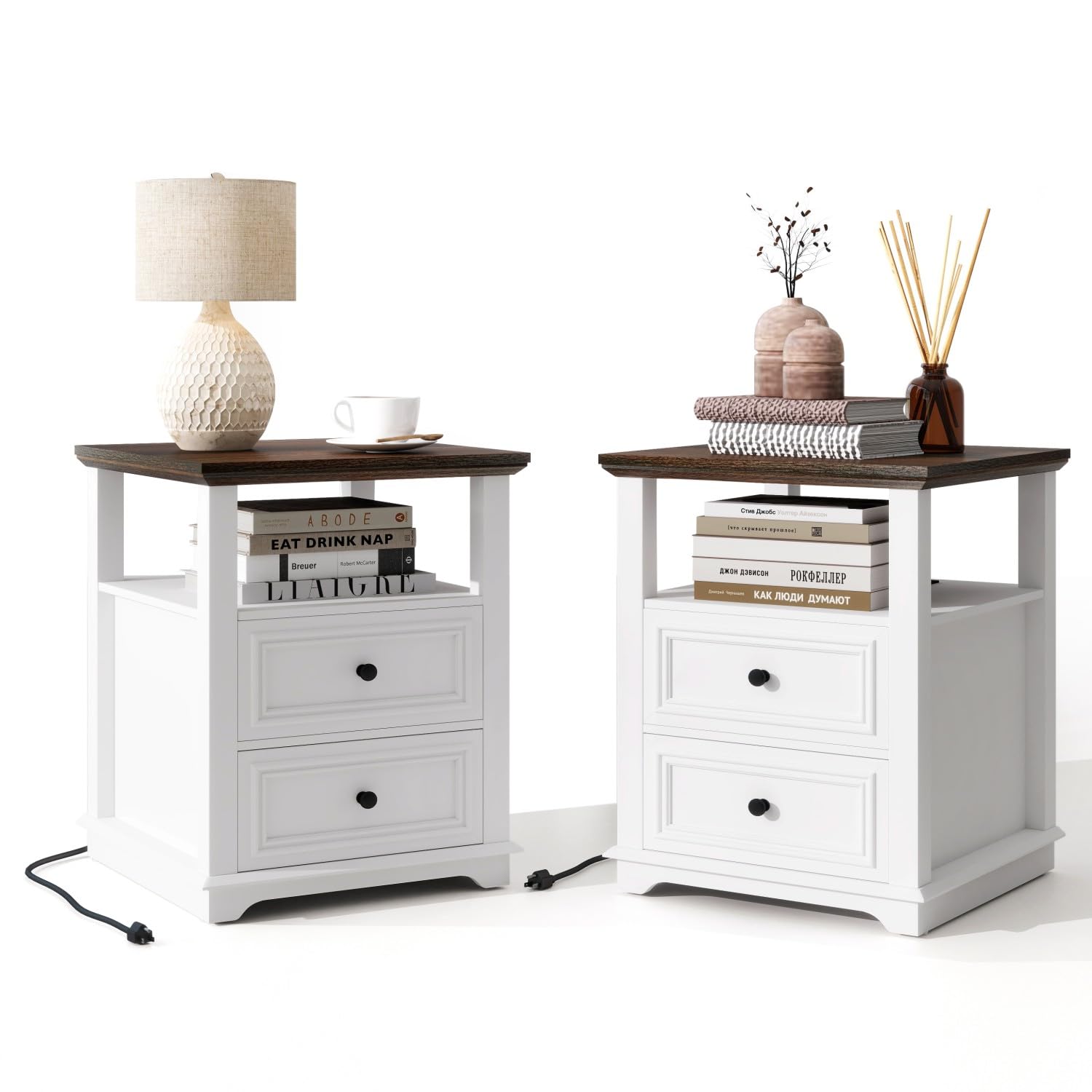 Farmhouse Nightstand with Charging Station 18" White Night Stand