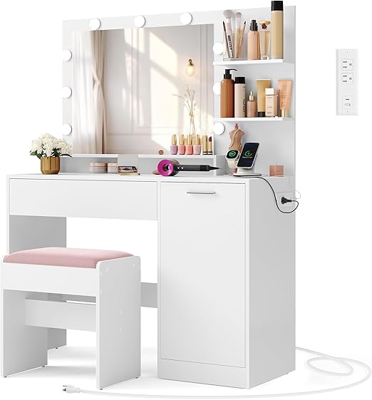 Desk with Power Outlets, Makeup Vanity with Mirror and Lights, Upholstered Vanity