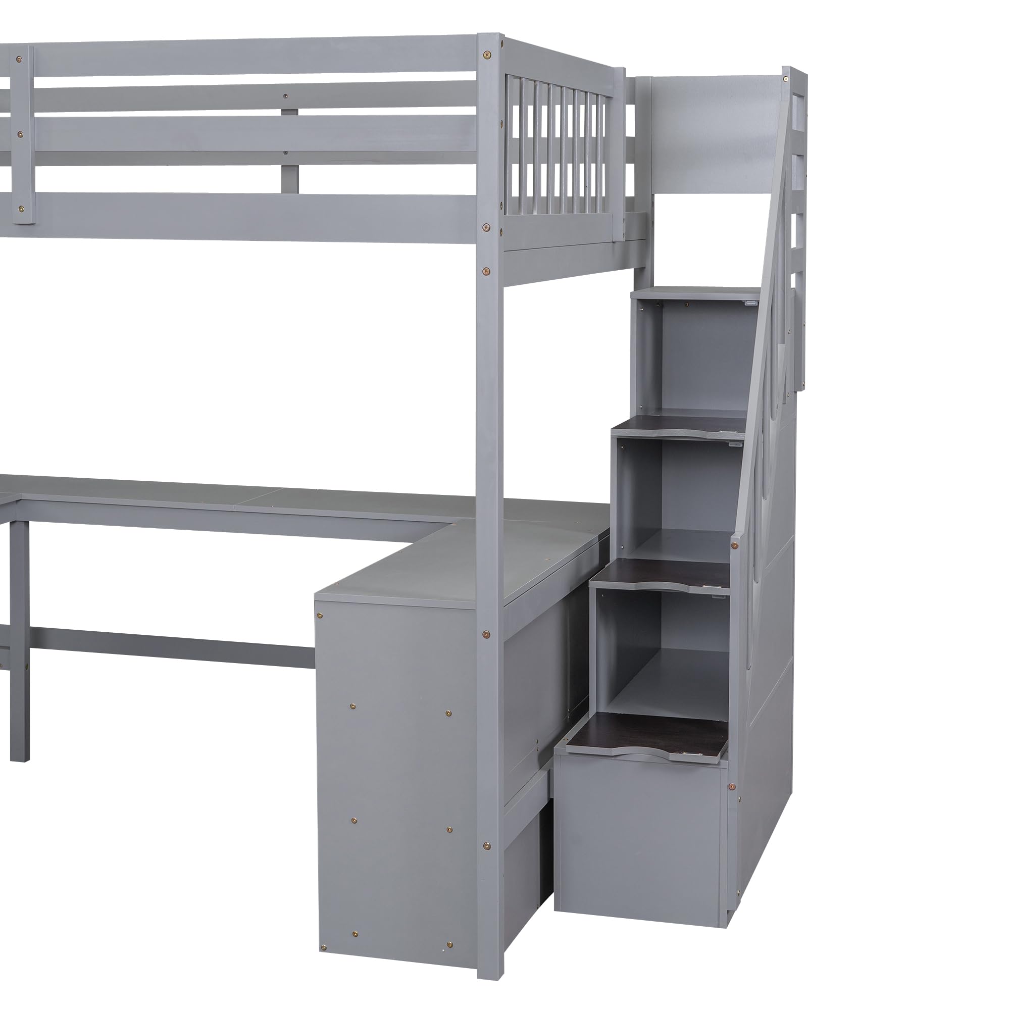 Loft Bed Full Size with Built-in L-Shaped Desk and Three-Tier Storage Shelves