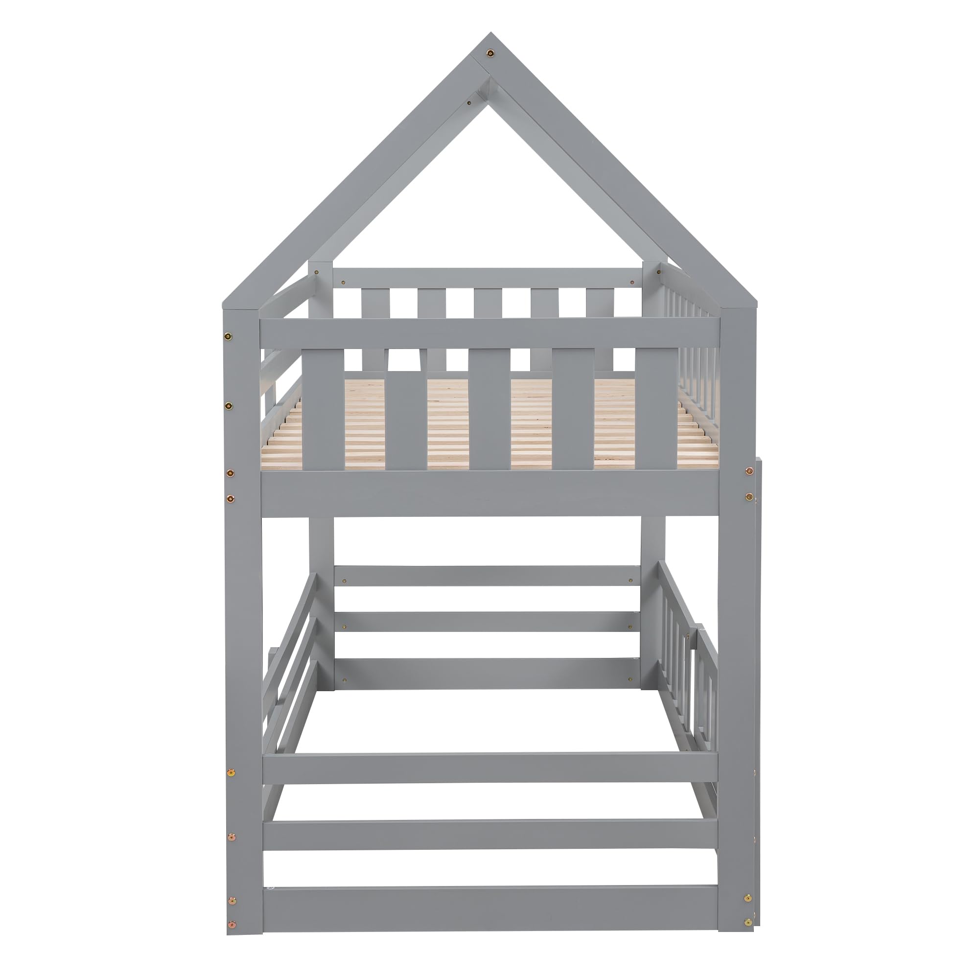 House Bunk Bed Twin Over Twin, Modern Wood Floor Bunk Bed with Fence