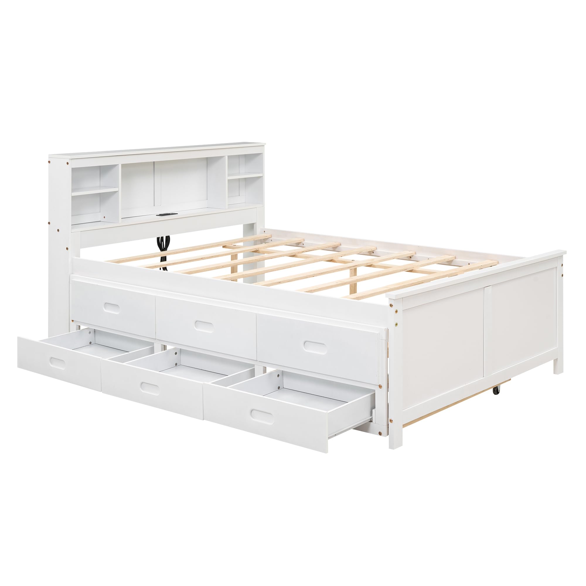 Solid Wood Full Size Platform Bed with Multi-functional Headboard, Platform Bed Captain's