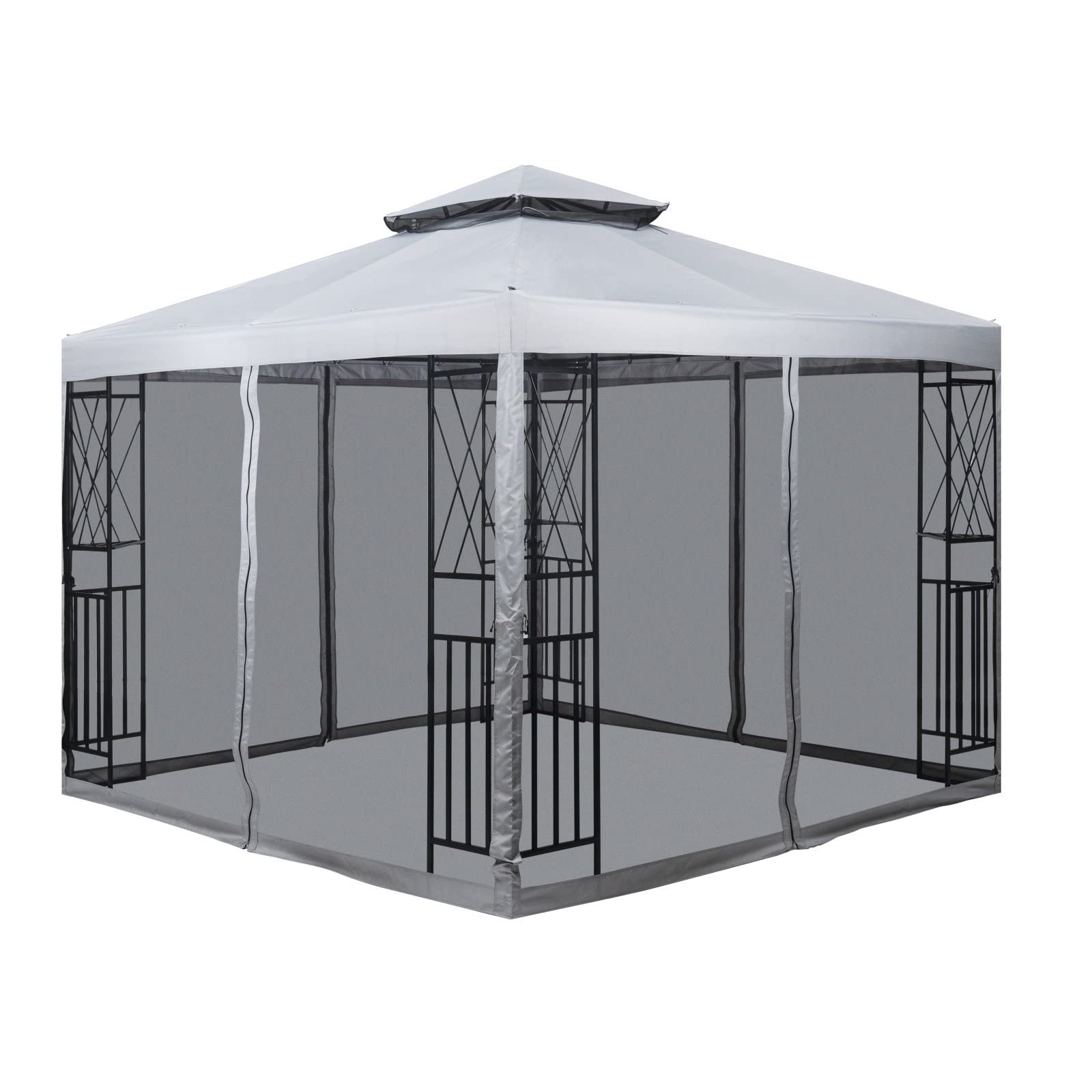 Gazebo with Mosquito Net and Corner Shelves, Light Gray