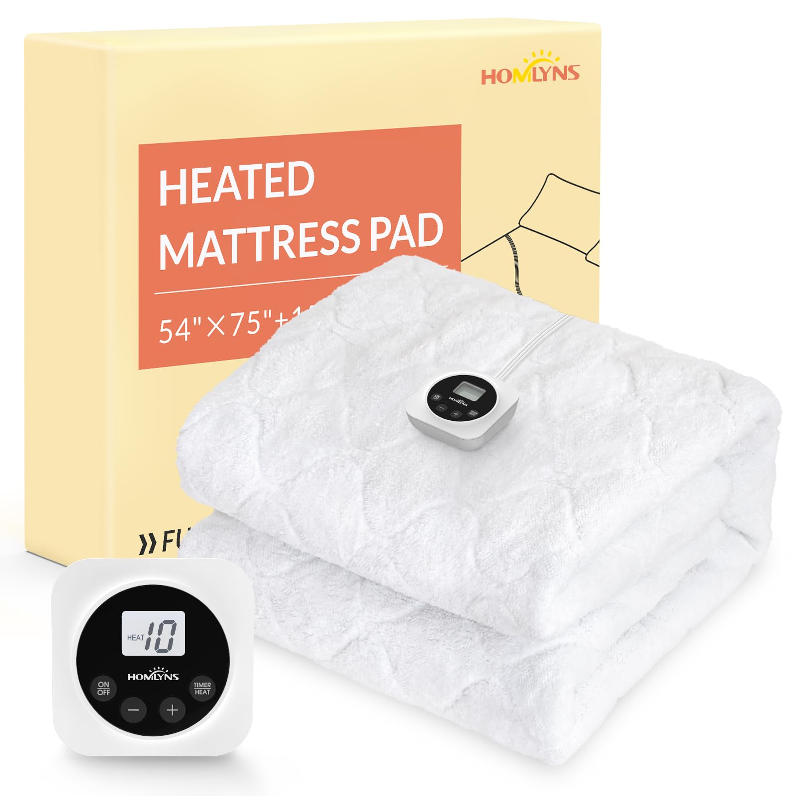 LuxeHeat Electric Heated Mattress Pad Full Size Single Control 10 Heat Levels 1-12H Timer