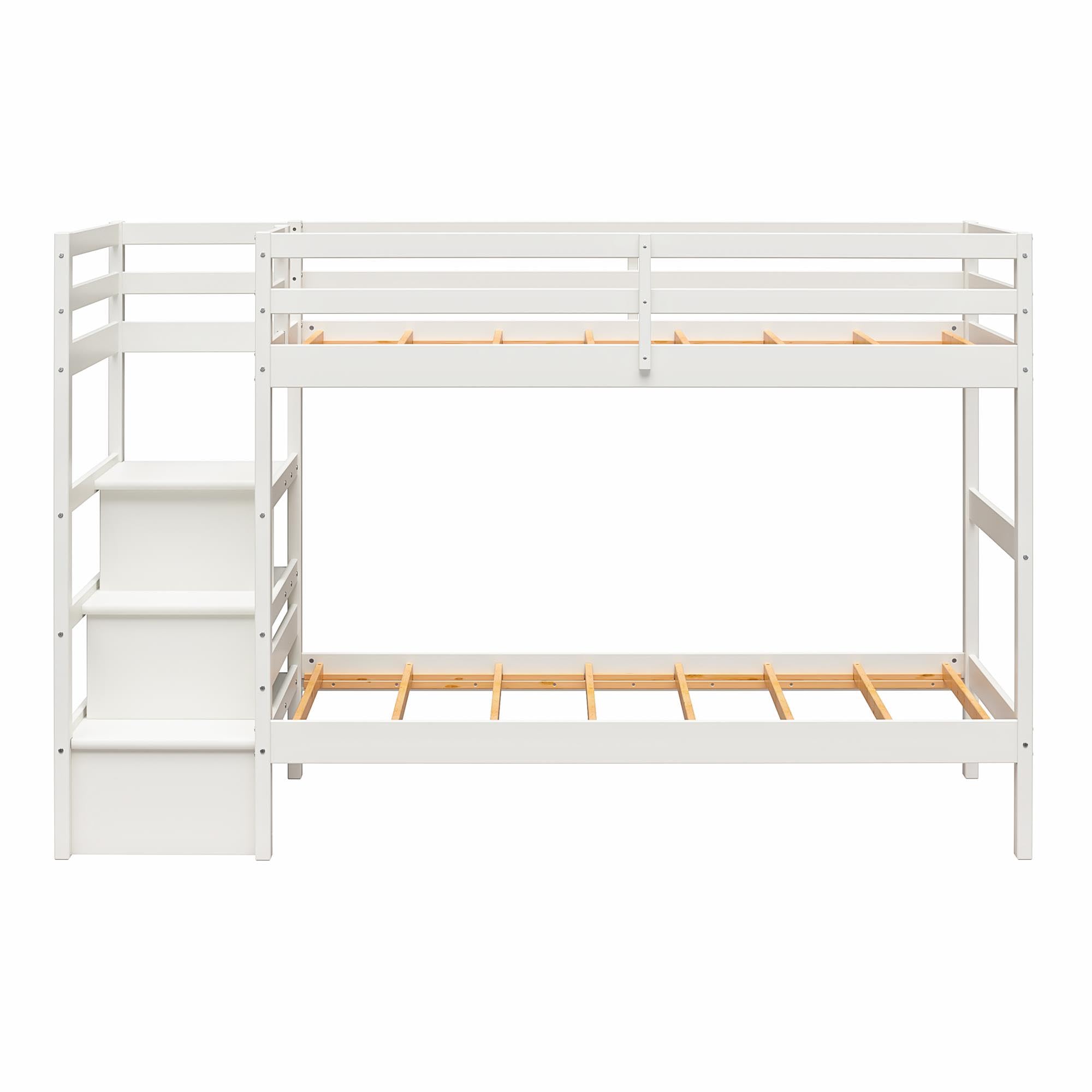 Solid Wood Bunk Bed with Stairs and Storage Shelves, White