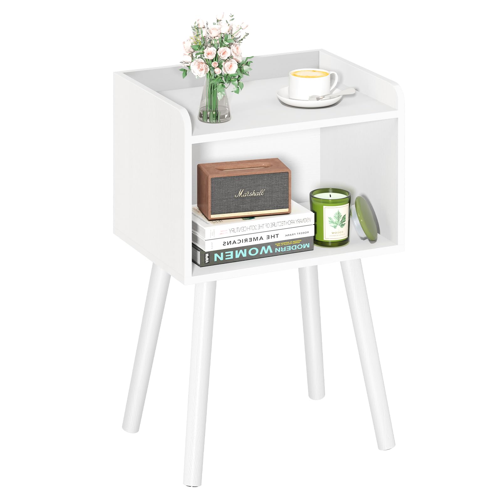 Mid Century Modern Nightstand for Small Spaces, Small Side Table with Storage Shelf