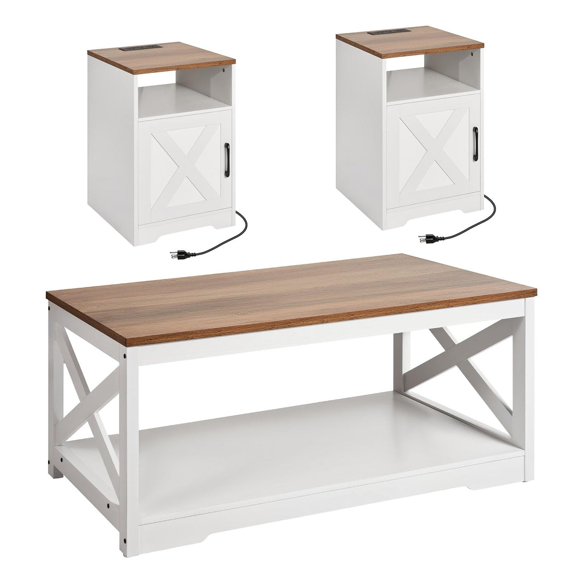 Farmhouse 3-Piece Coffee & End Table Set | Charging Station, Drawers