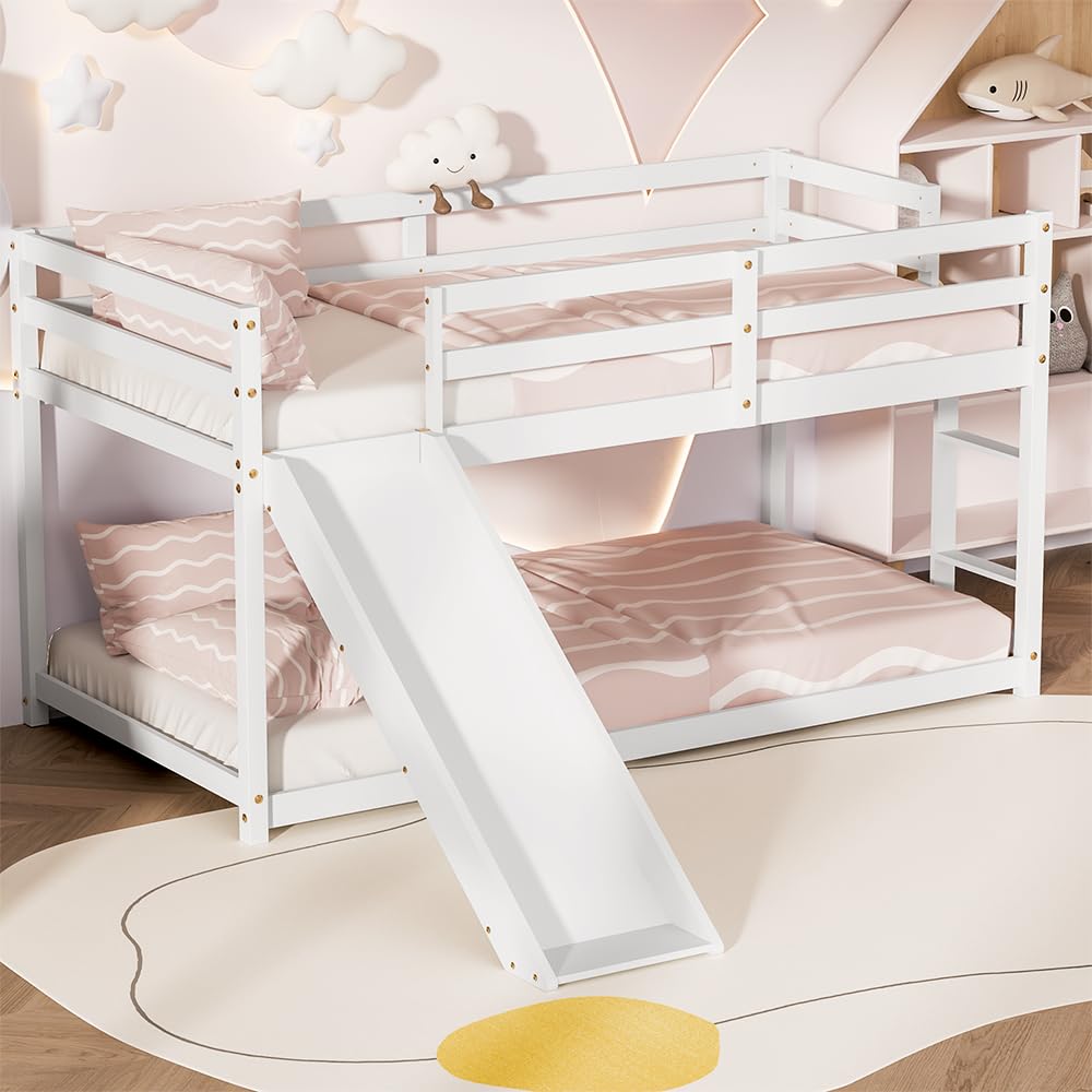 Low Bunk Bed with Slide, Floor Loft Bed with Climbing Ladder