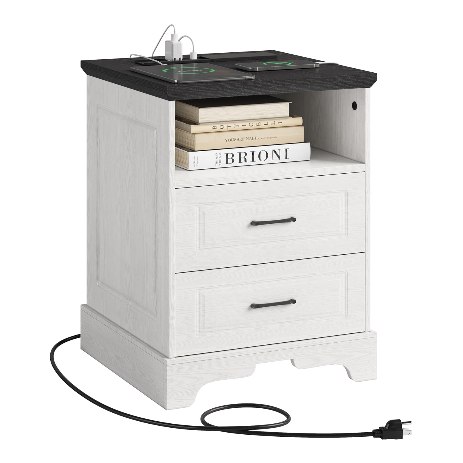 Farmhouse Nightstand with Charging Station, 18 inch Wide