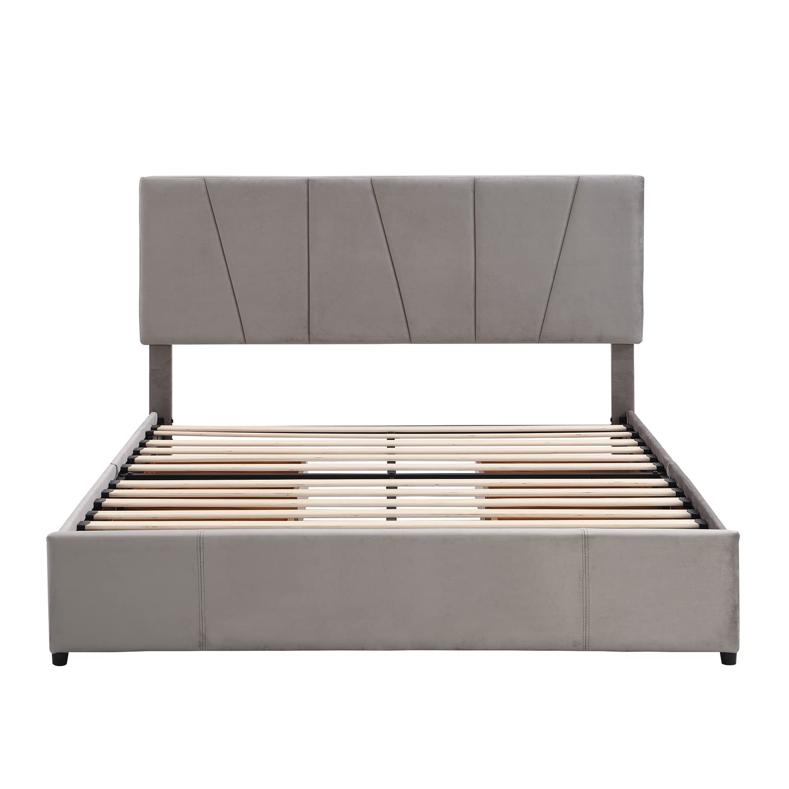 Queen Size Wooden Velvet Upholstered Platform Bed Frames with 4 Storage Drawers