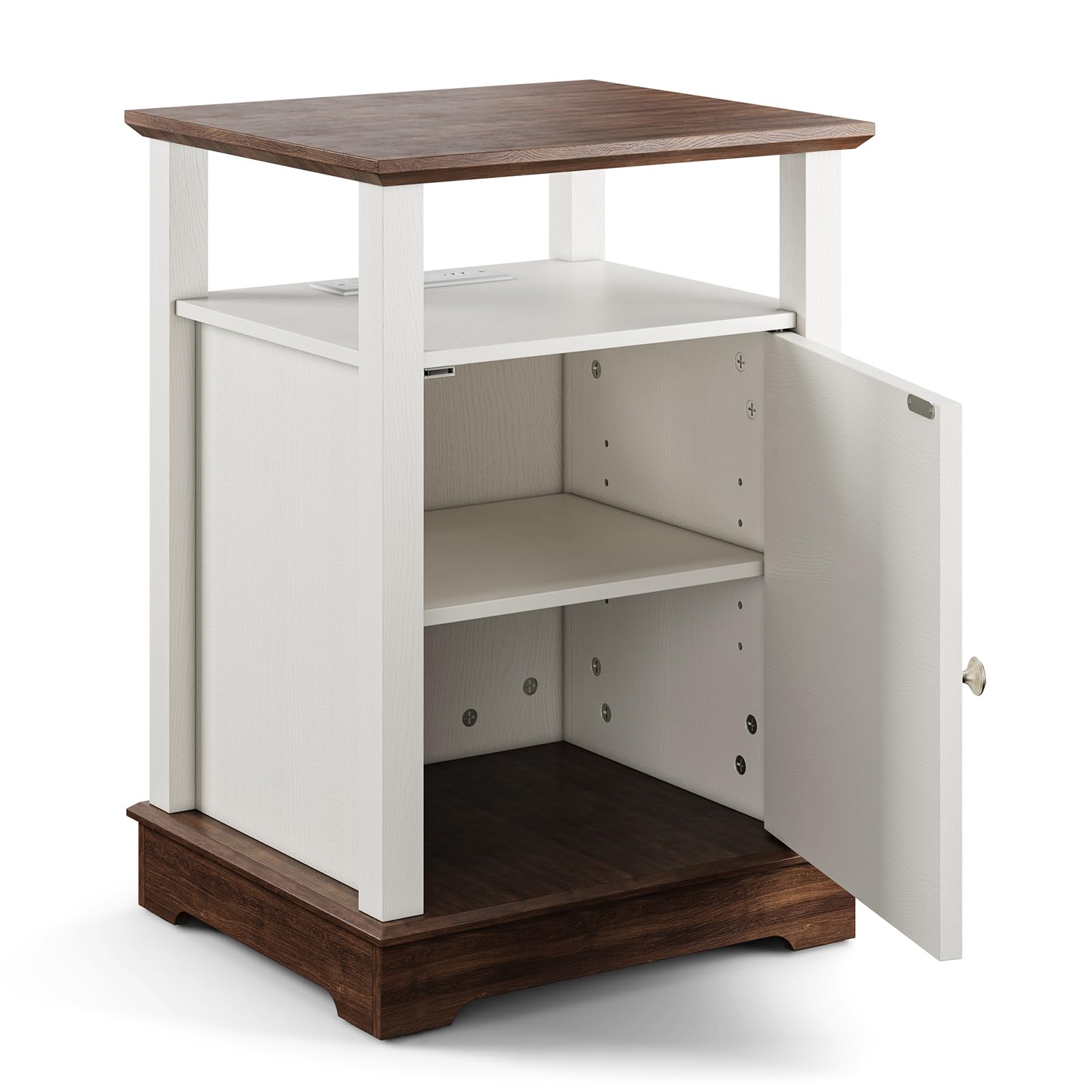 Farmhouse End Table with Charging Station, Rustic Nightstand w/Rivet Barn Door