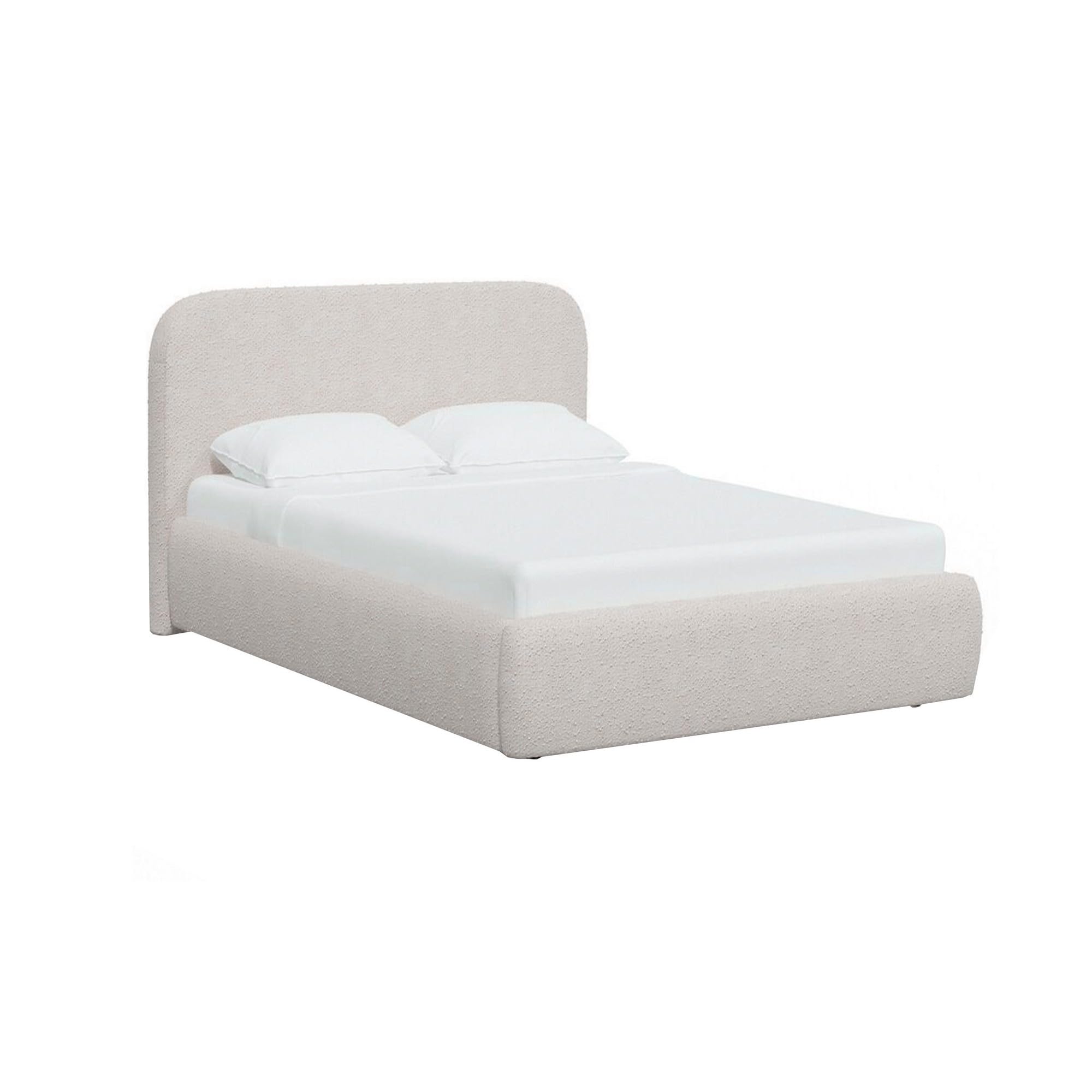 Ziya Queen Size Bed, Cream Boucle Fabric Upholstery, Curved Panel Headboard