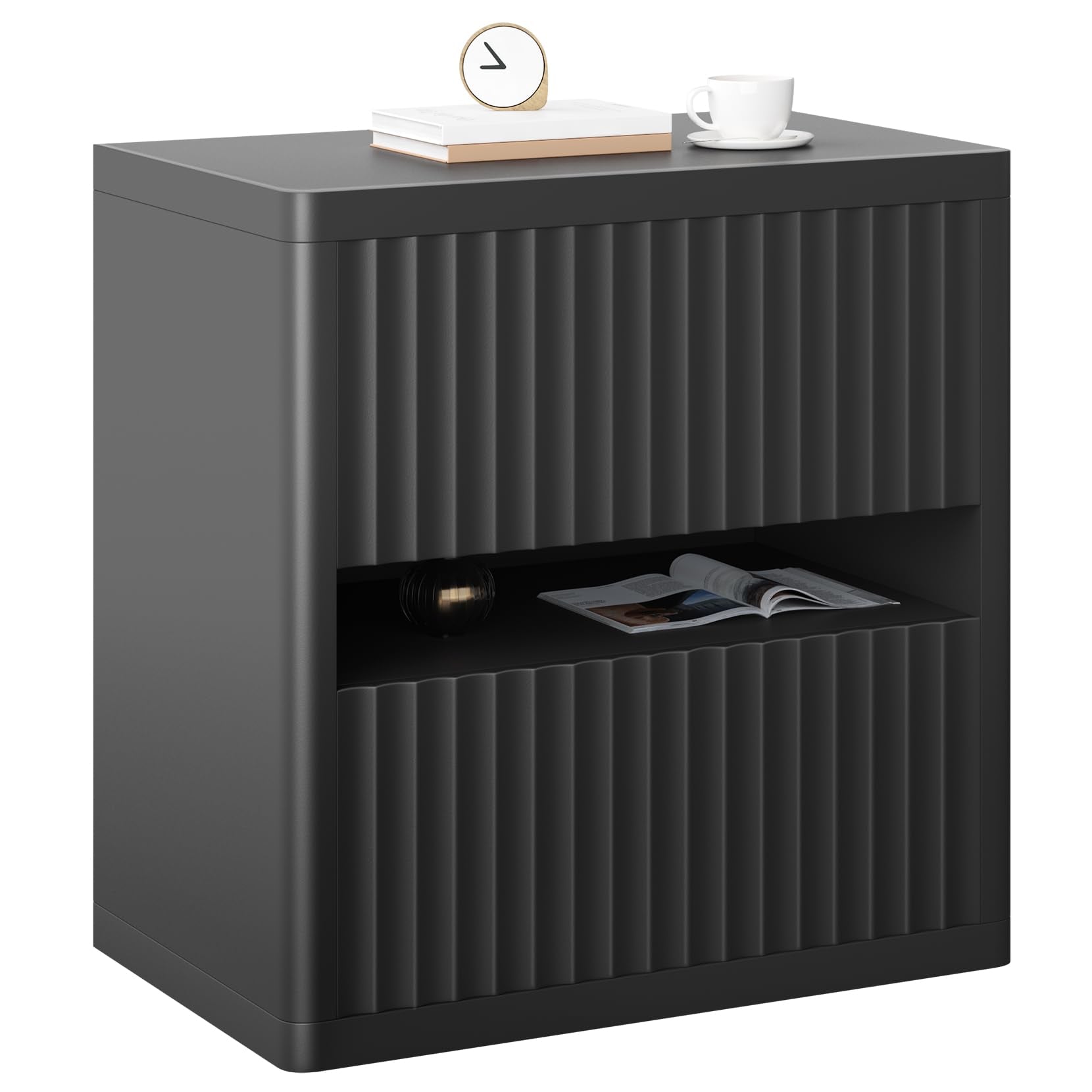 Fluted Nightstand with 2 Drawers, Large Wide Wood Night Stand Bedside