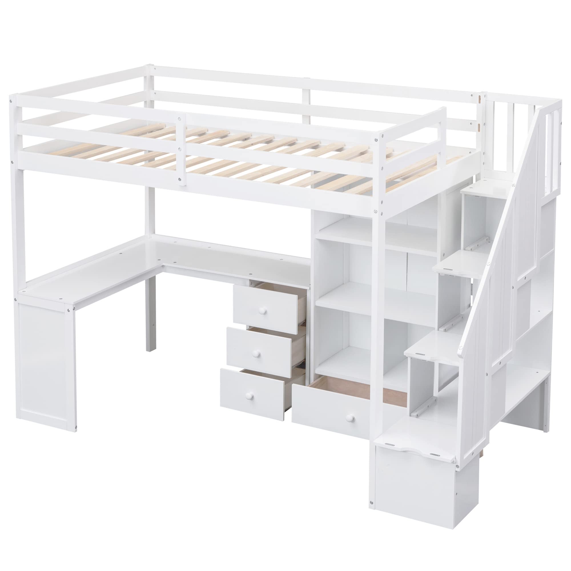 Twin Size Loft Bed with Desk and Drawers, Solid Wood Loft Bed Frame