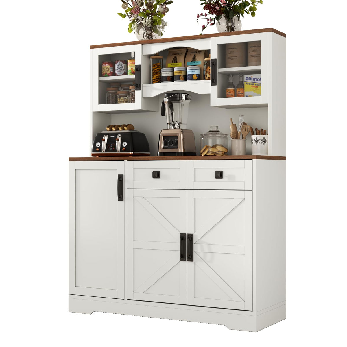 60" Tall Pantry Cabinet with Glass Doors, 2 Drawers & Door Spice Rack