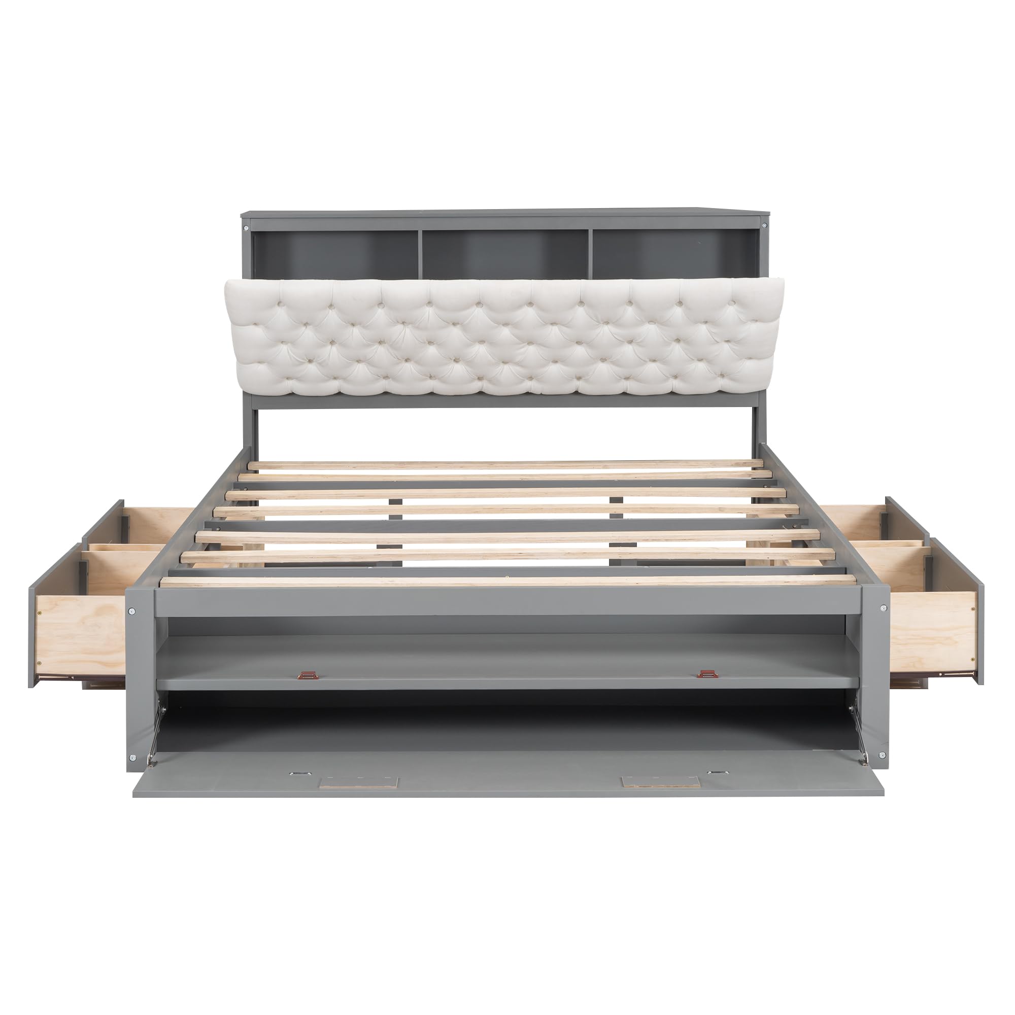 Bed with Shoes Rack, Wood Platform Bed with Upholstered Headboard