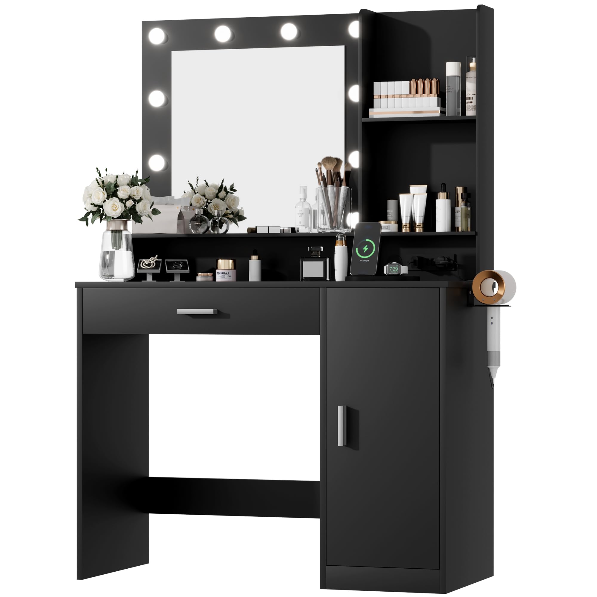 Vanity Desk with Lighted Mirror 3 Modes & Power Outlets, Makeup Vanity Table