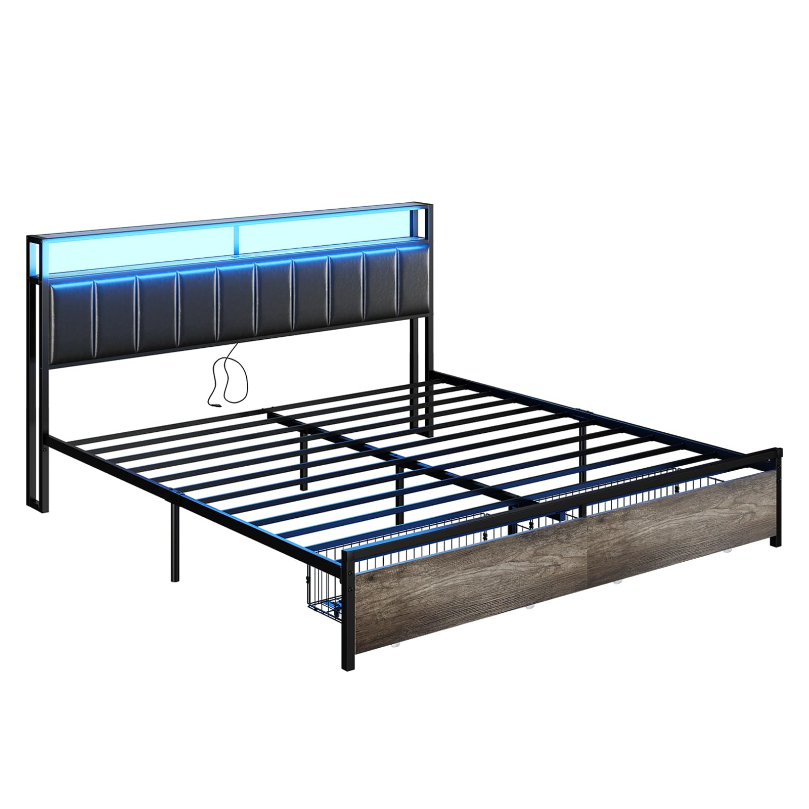 LED Bed Frame with Drawers, King Platform Bed Frame with 2-Tier