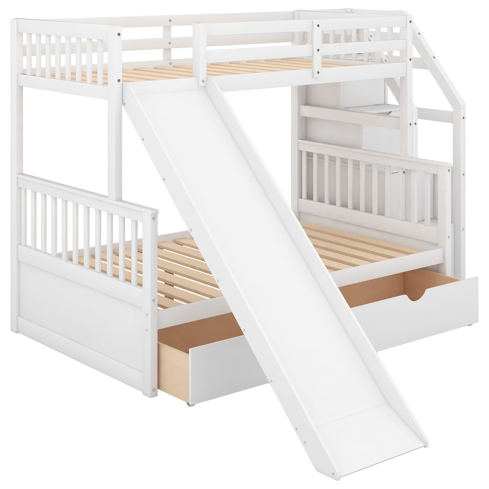 Bed Twin Over Full Size with Slide, Twin Over Full Bunk Bed with 3 Stairs