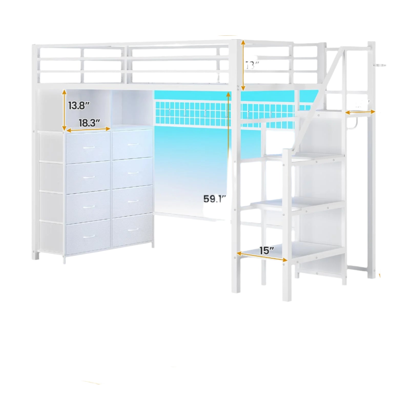 Twin Size Loft Bed with Stairs, 8 Storage Drawers, Metal Kids