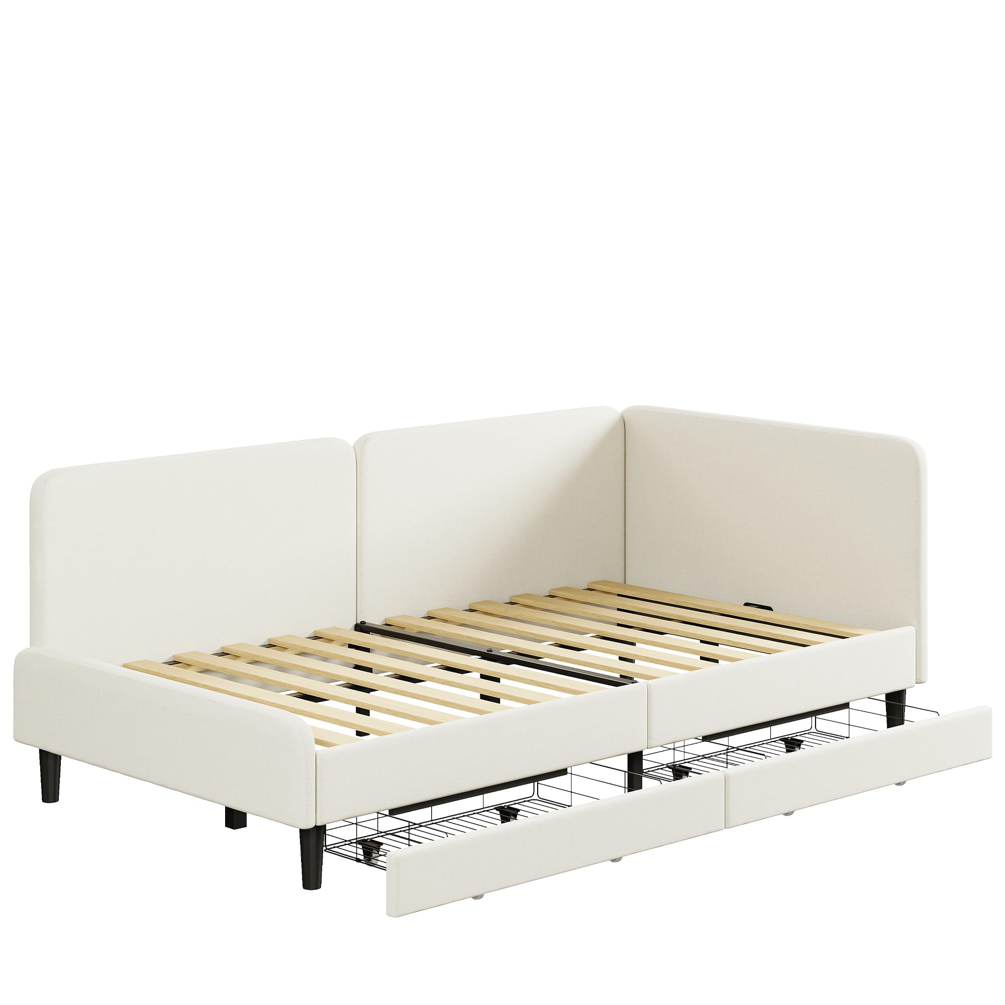 Daybed with Headboard, Corner Bed Frame with Bed Rails and Storage Drawers