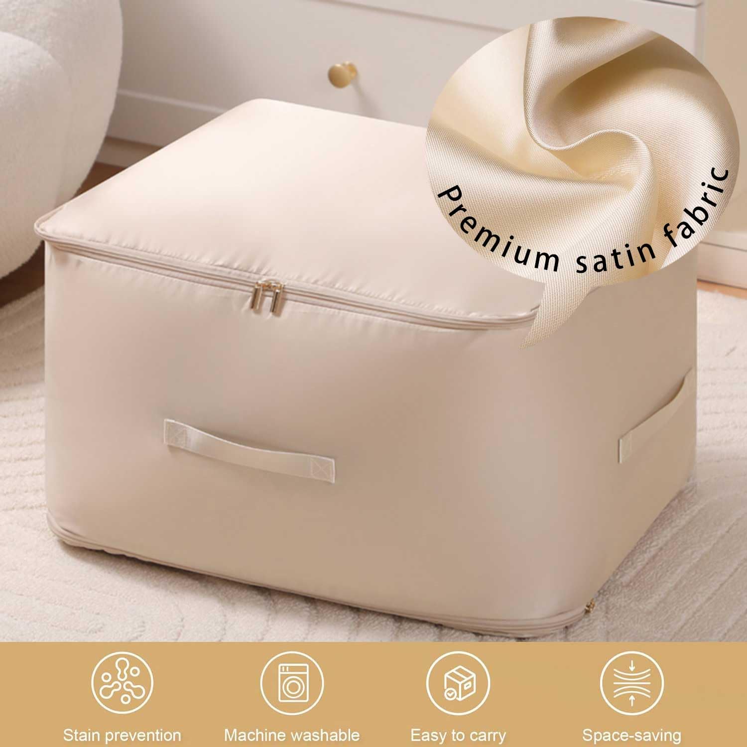 Ultra Space Saving Self Compression Organizer, 2025 New 3-Layer Zipper Large Capacity Storage Bag, Thick Satin Fabric Heavy Duty Bags for Comforters Blankets Bedding Duvet (Beige, X-Large, 2PCS)