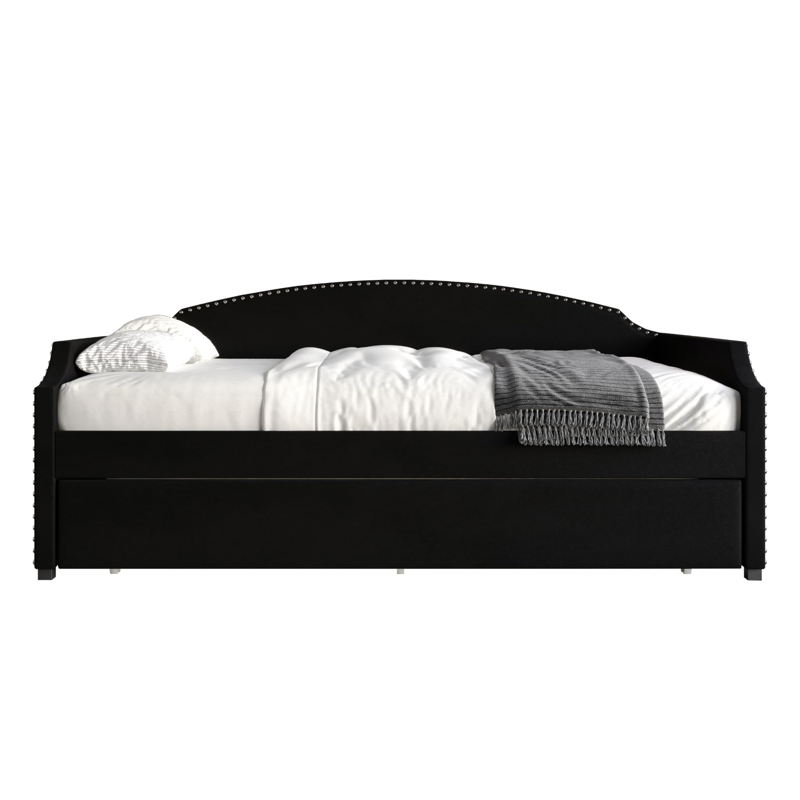 Kilagore Velvet Upholstered Nailhead Trim Daybed with Trundle (Black)