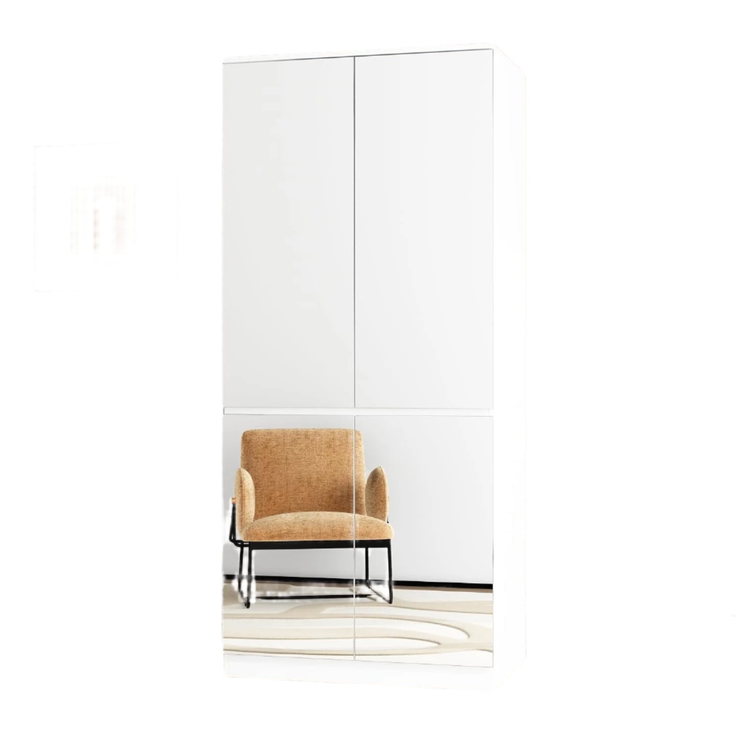 Wardrobe with Mirror Doors, White Bedroom Armoire with Shelves, Hanging Rod