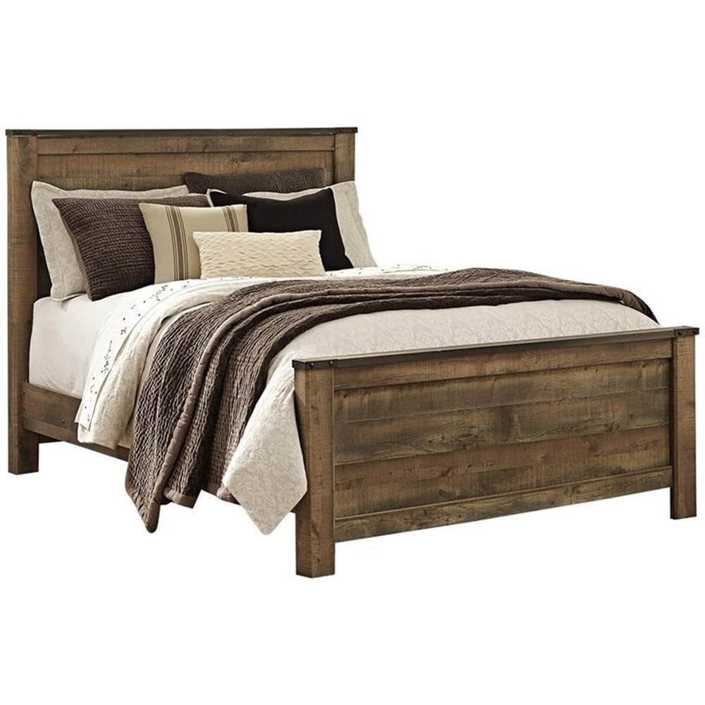 Queen Size Panel Bed with Headboard, Footboard, Platform, Steel Slats in Wood