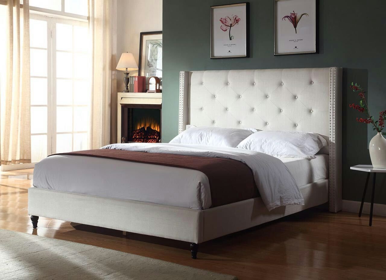 Classics Cloth Light Beige Cream Linen 51" Tall Headboard Platform Bed