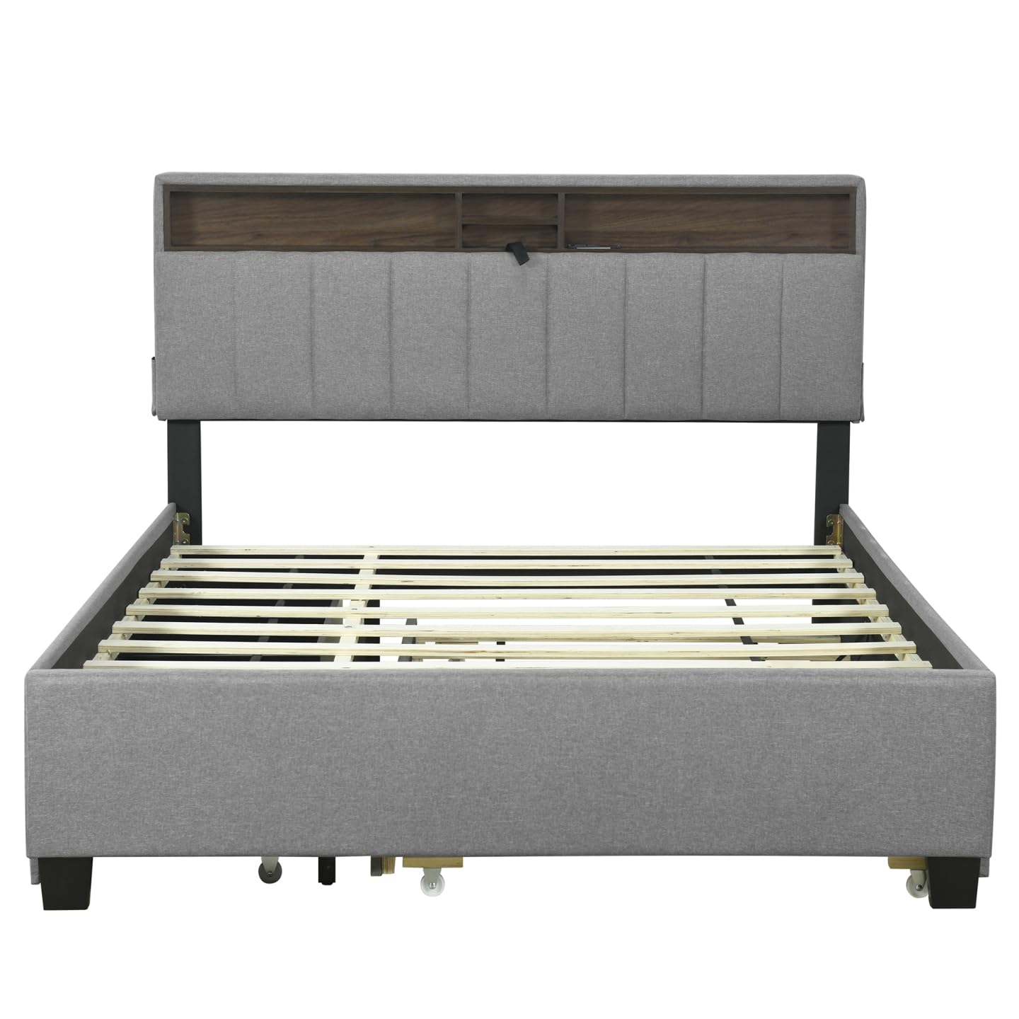 Queen Size Bed Frame with Storage Headboard & Charging Station, Linen Upholstered